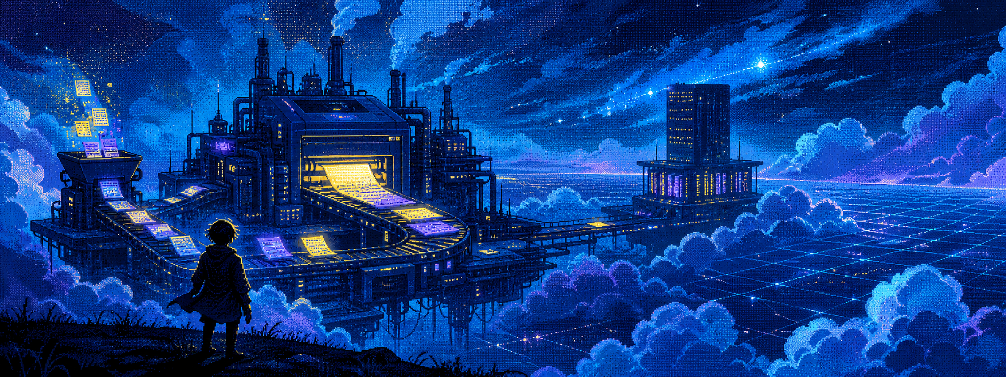 Pixel-dithered ebook factory concept art for the ebook-factory cookbook